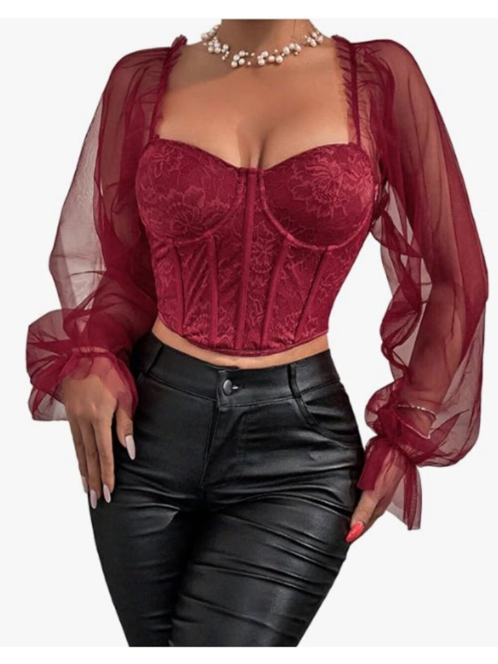 WDIRARA Women's Floral Lace Sweetheart Neck Mesh Flounce Long Sleeve Crop Top